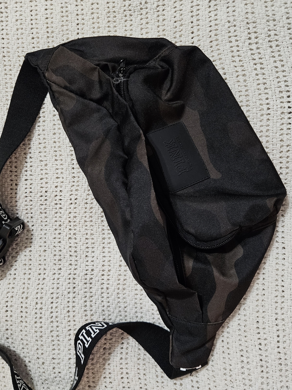 PINK Victoria's Secret Black Camouflage Belt Bag with Branded Strap